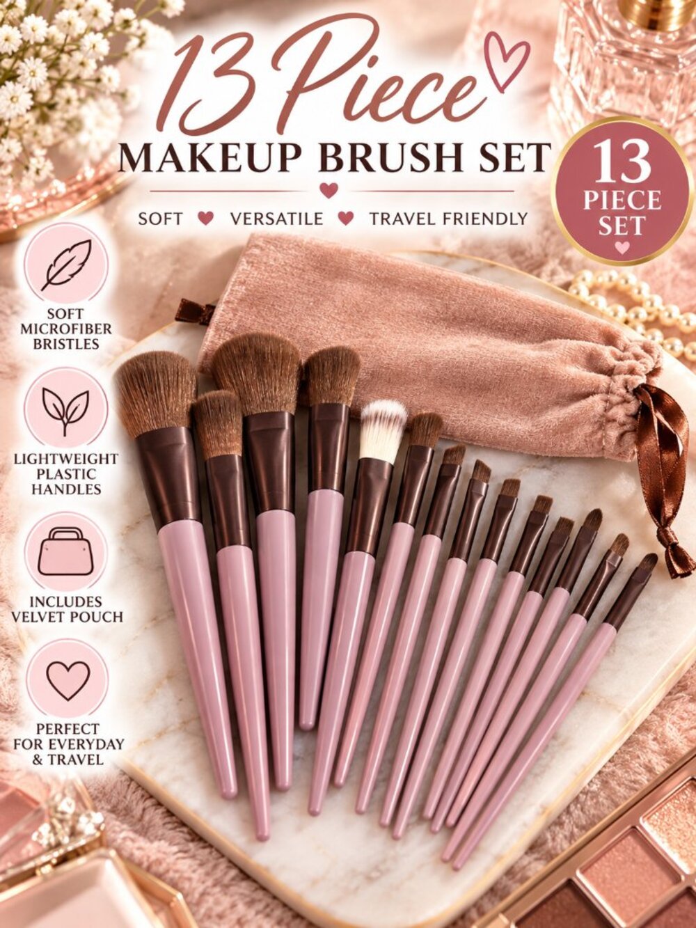 13 Pc Makeup Brush Set Microfiber Face Eye Brushes Velour Bag Mauve Pink New
